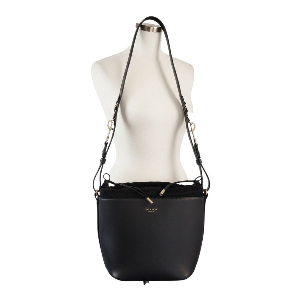 Ted Baker London Black Leather Crossbody Bucket Bag Drawstring Deep Pocket Purse